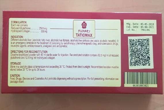 Tatiomax 2500mg Reduced Glutathione Skin Whitening Injection 5 Session
